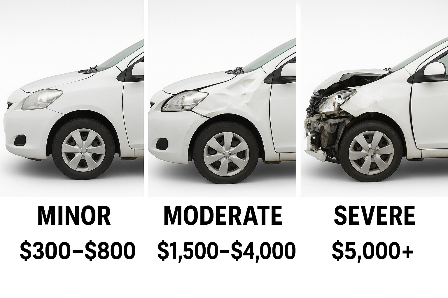 Visual comparison of minor, moderate, and severe collision damage with price ranges