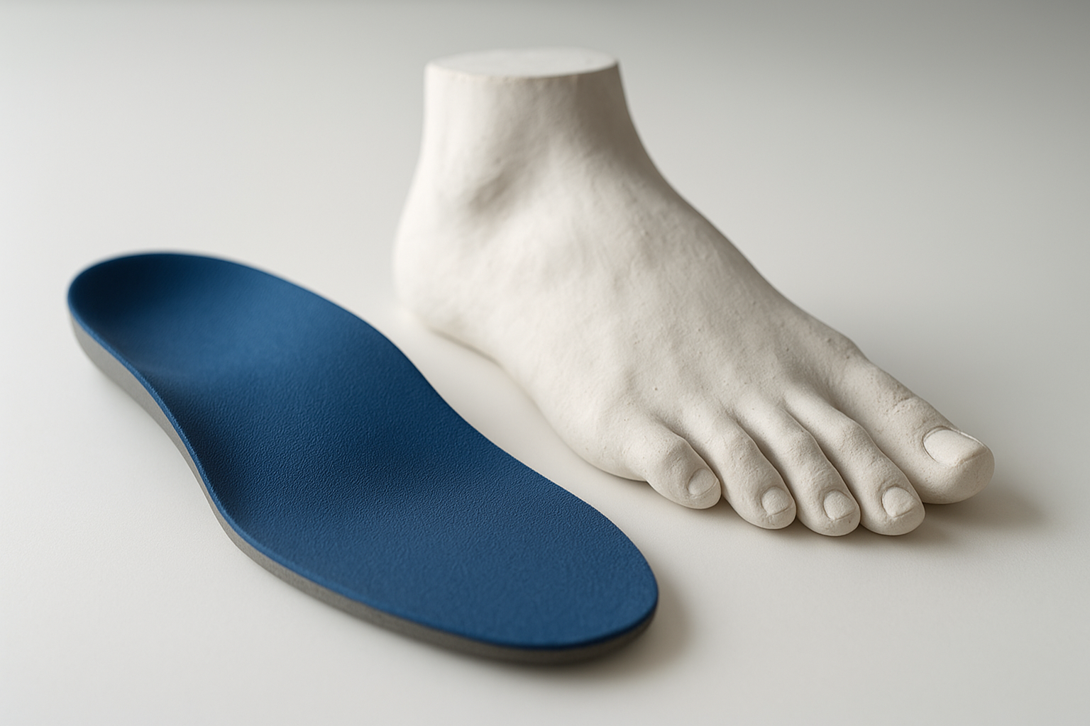 Custom medical-grade orthotics next to a plaster foot mold used for fabrication