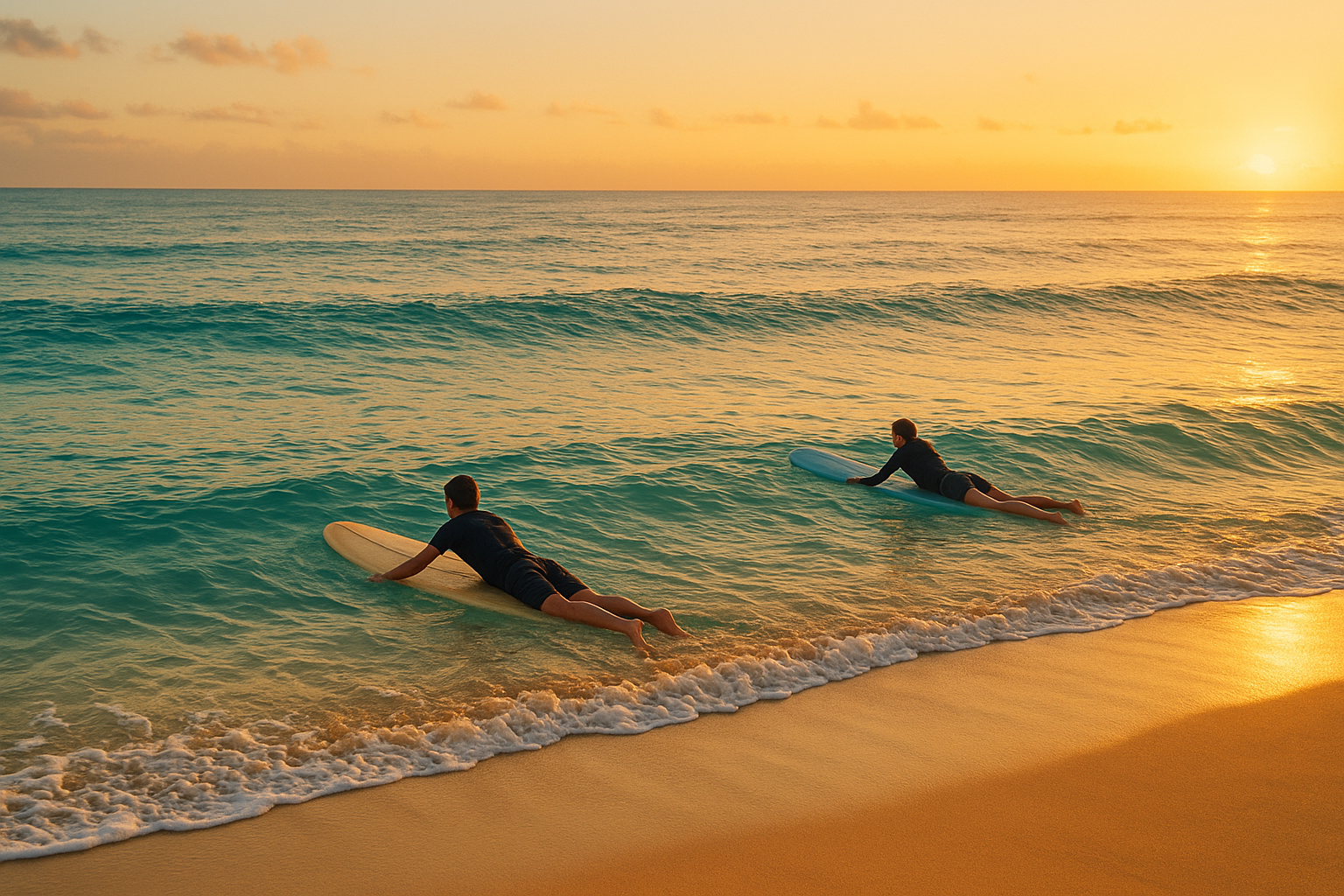 Beginner surfers paddling toward small waves at one of the best surfing spots for beginners Oahu