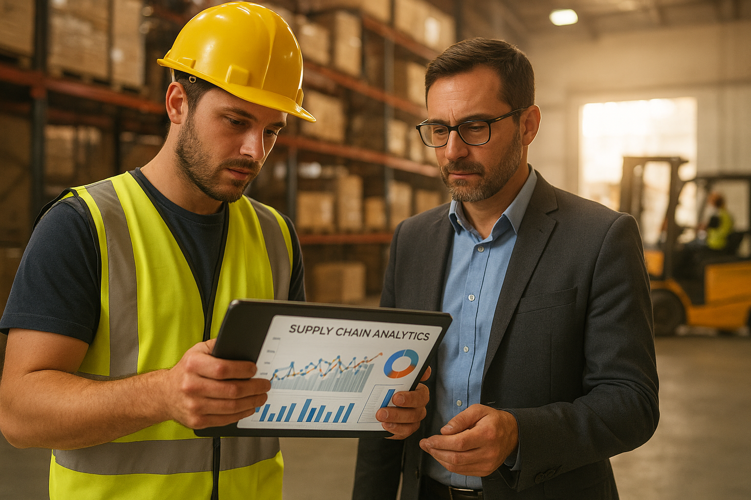 Logistics manager reviewing supply chain performance data with a warehouse team