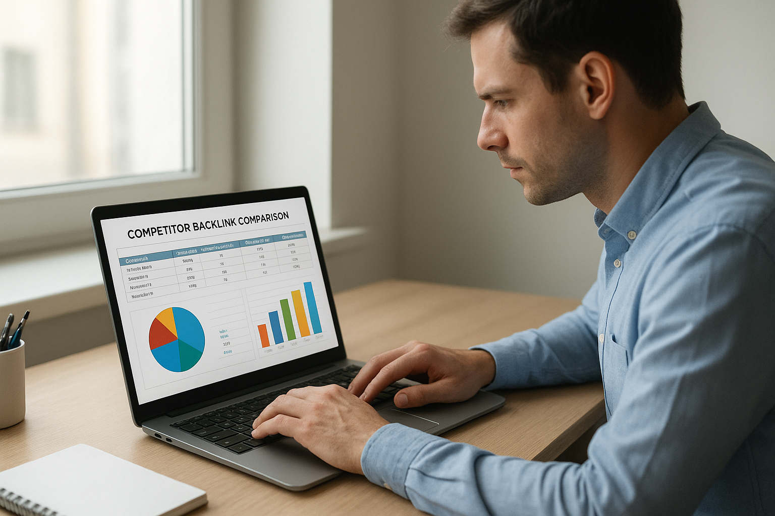 Marketing professional conducting competitor backlink profile comparison for SEO strategy