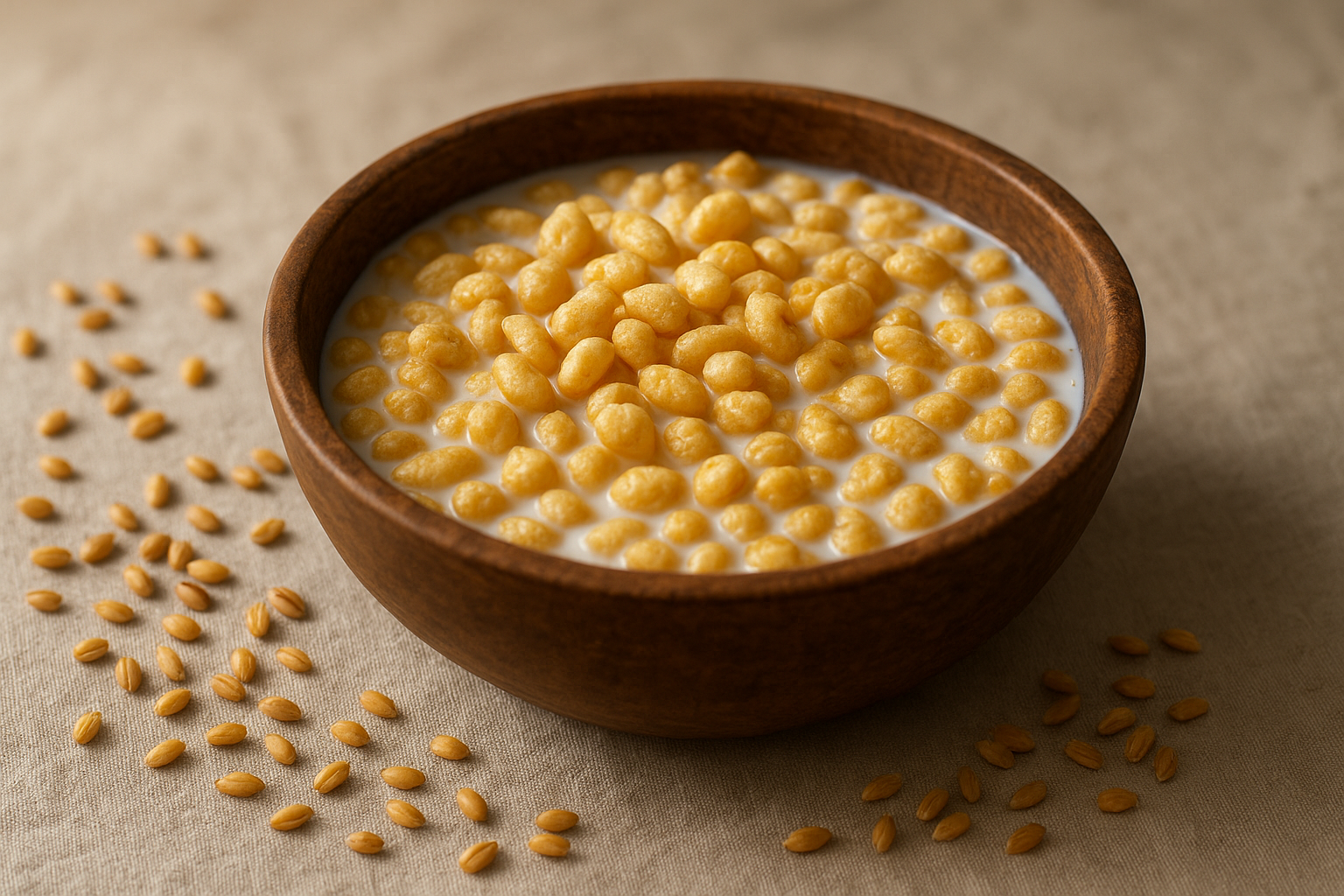 Bowl of good grains cereal made from organic puffed whole grains
