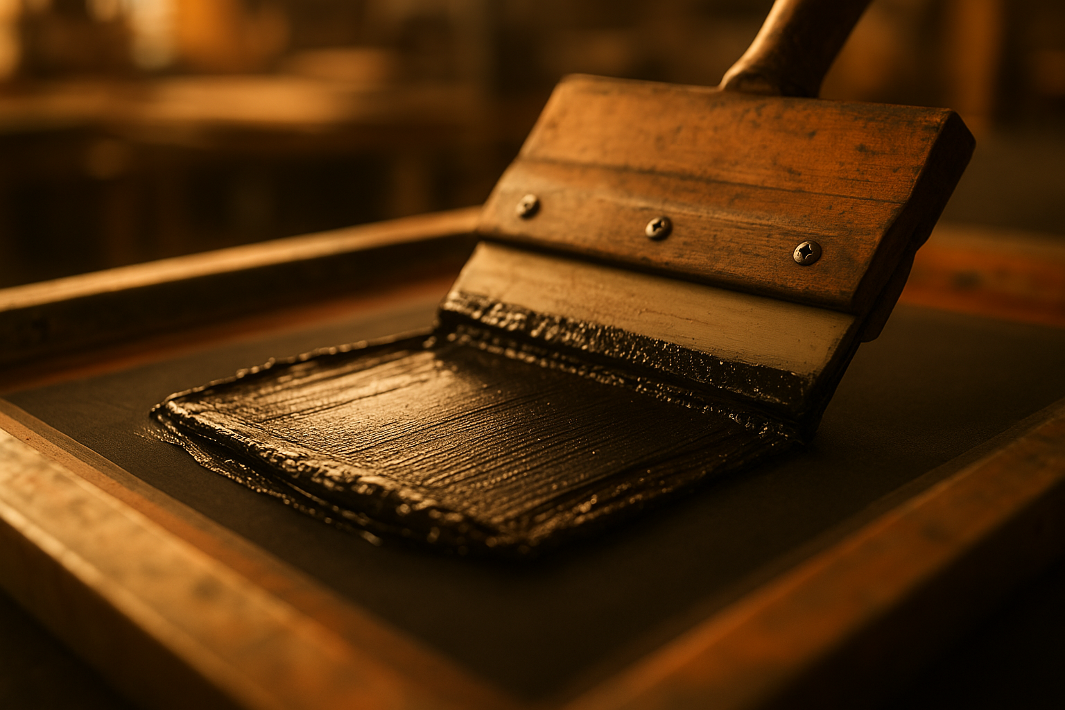 Squeegee pressing ink through a mesh screen onto fabric during screen printed t-shirts production