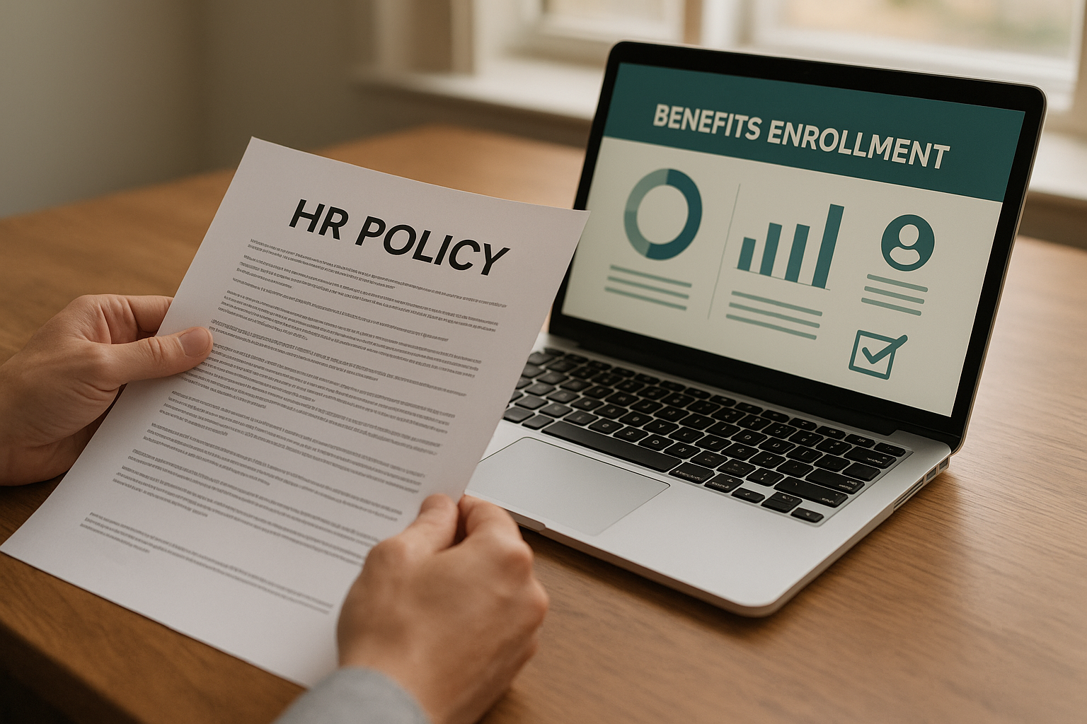 HR consultant reviewing policy documents and benefits dashboard for a growing company