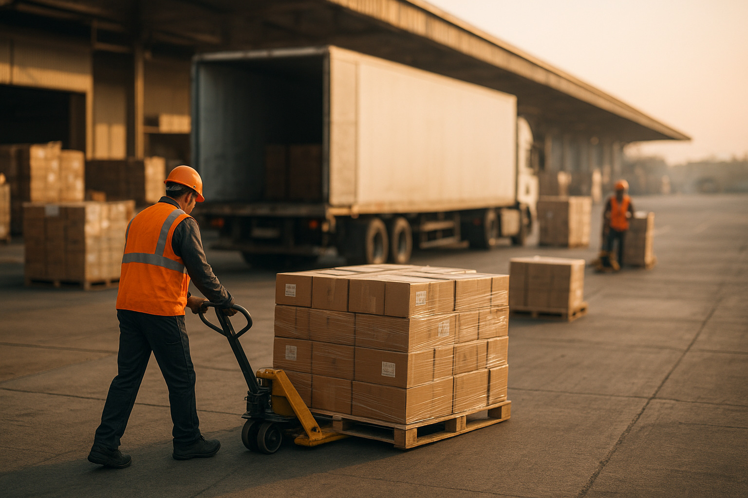 LTL freight pallets being loaded onto a trailer at a shipping dock