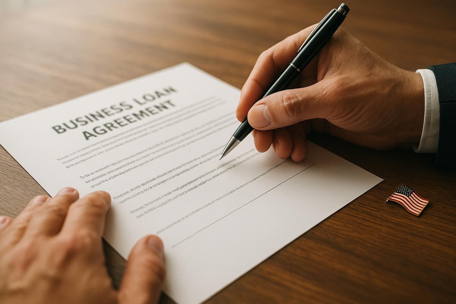 Close-up of a veteran-owned business loan agreement being signed