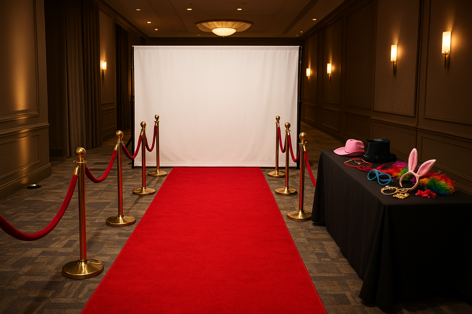 Premium red carpet and prop table add-ons set up beside a photo booth rental