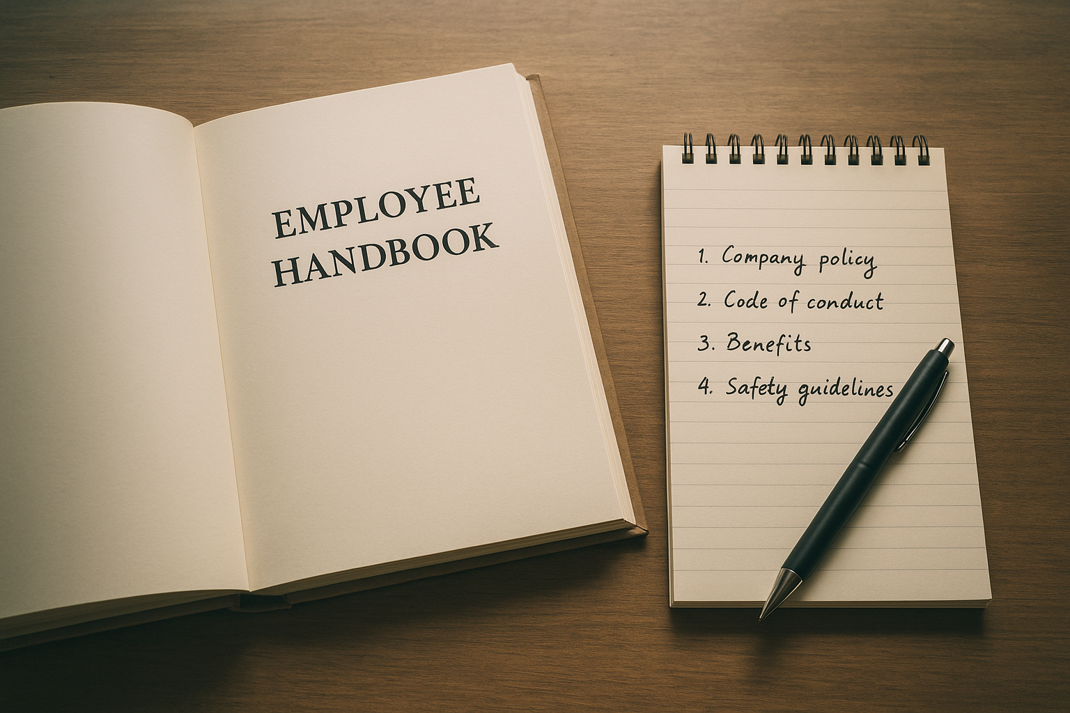 Employee handbook and notes representing employee relations policy documentation