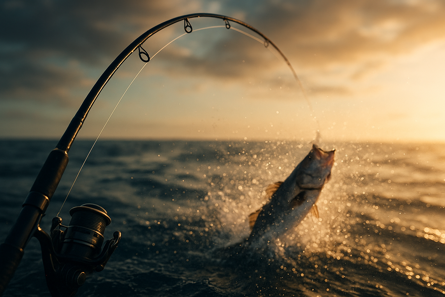 Bent fishing rod during a nonstop fishing adventure off the South Carolina coast