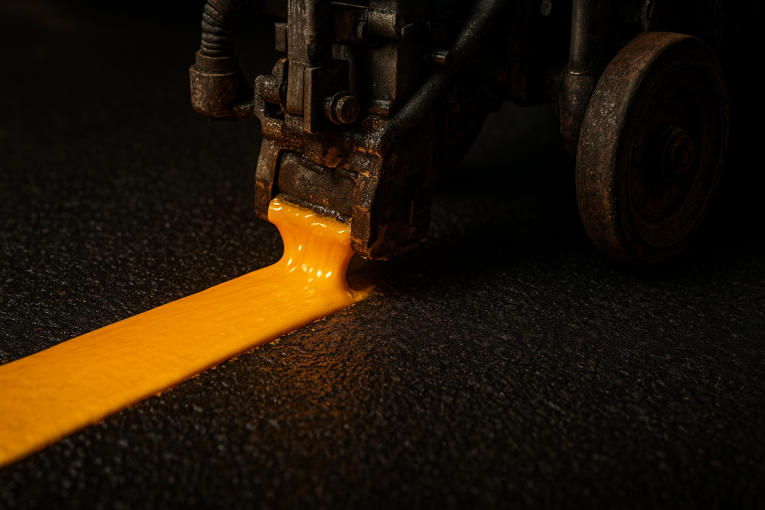 Thermoplastic striping being heat-applied to asphalt pavement by a professional line marking machine on a commercial property