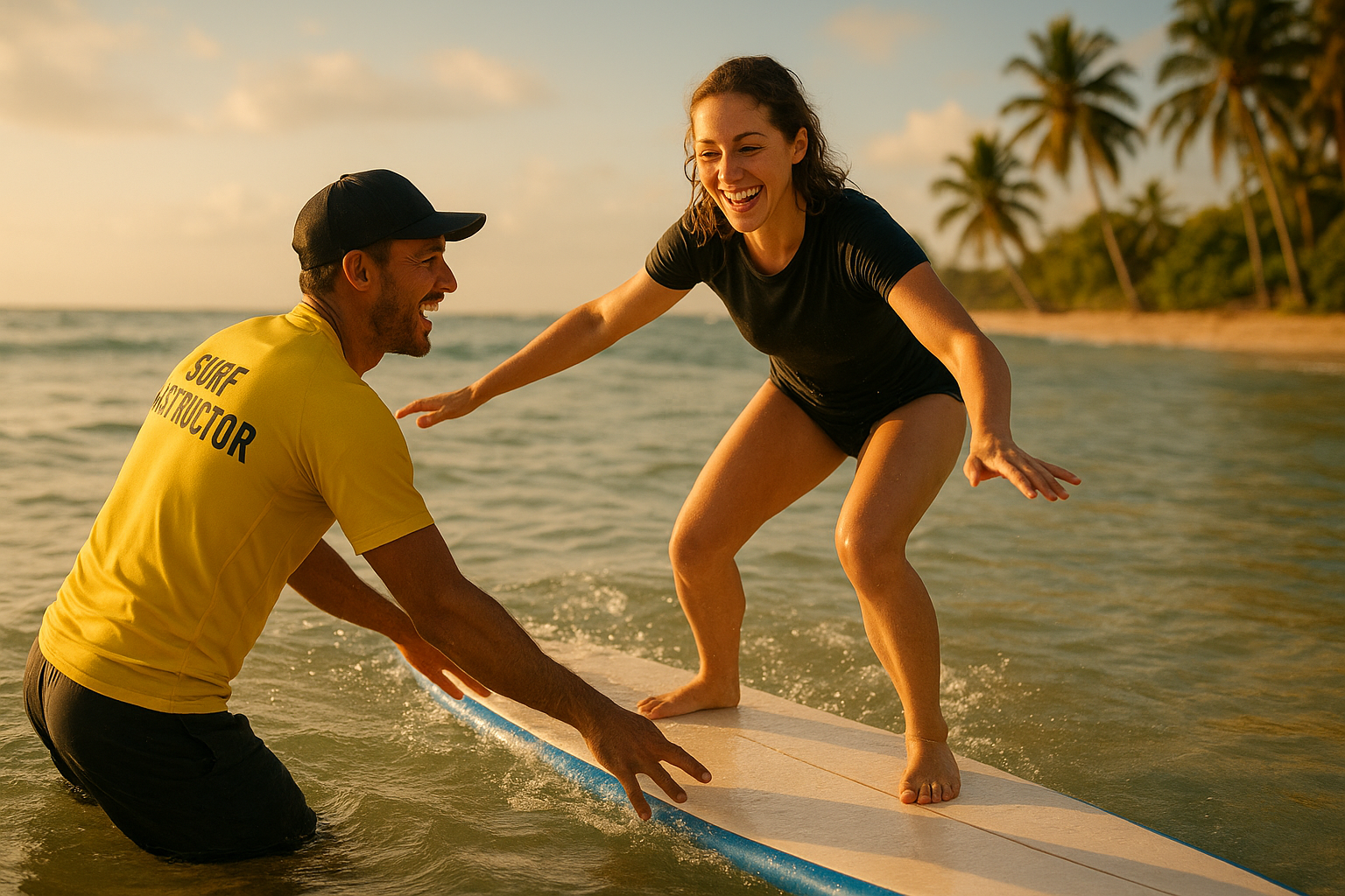 Surf instructor guiding a beginner student on a foam surfboard in Waikiki-style shallow tropical waves