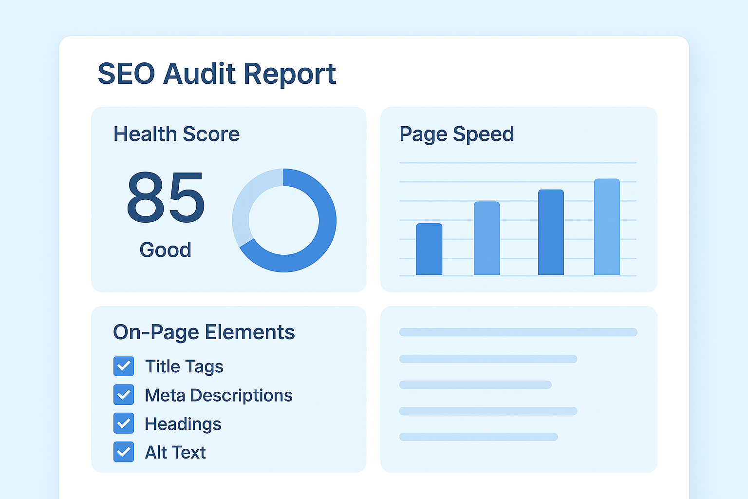 SEO free check audit dashboard displaying site health scores and on-page analysis