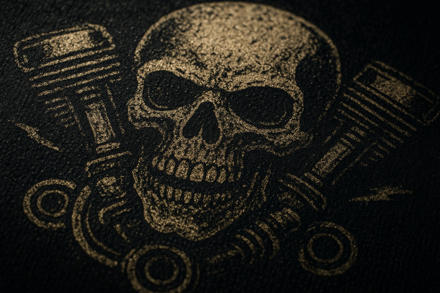 Close-up of durable screen-printed hot rod apparel graphic on dark fabric