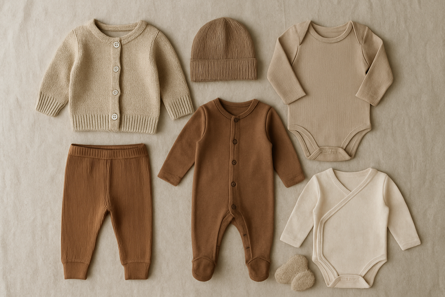 Flat lay of premium baby clothing items used in a sustainable rental wardrobe