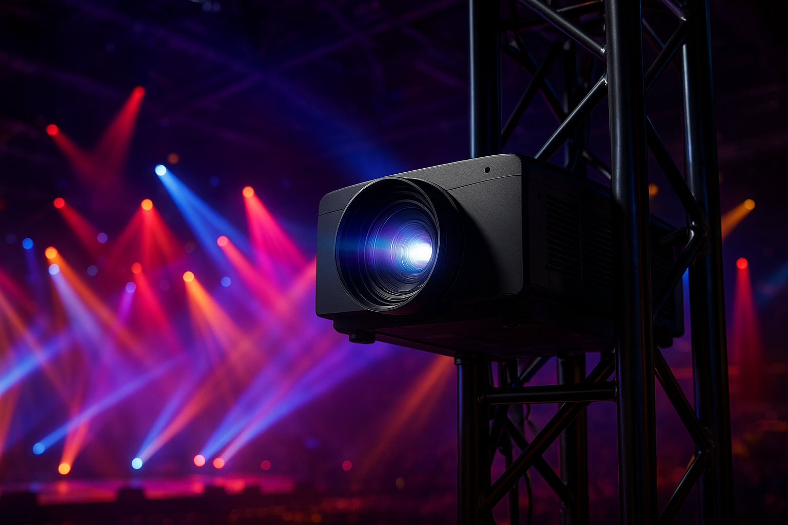 High-lumen laser projector mounted on event truss for a large venue production in Indiana