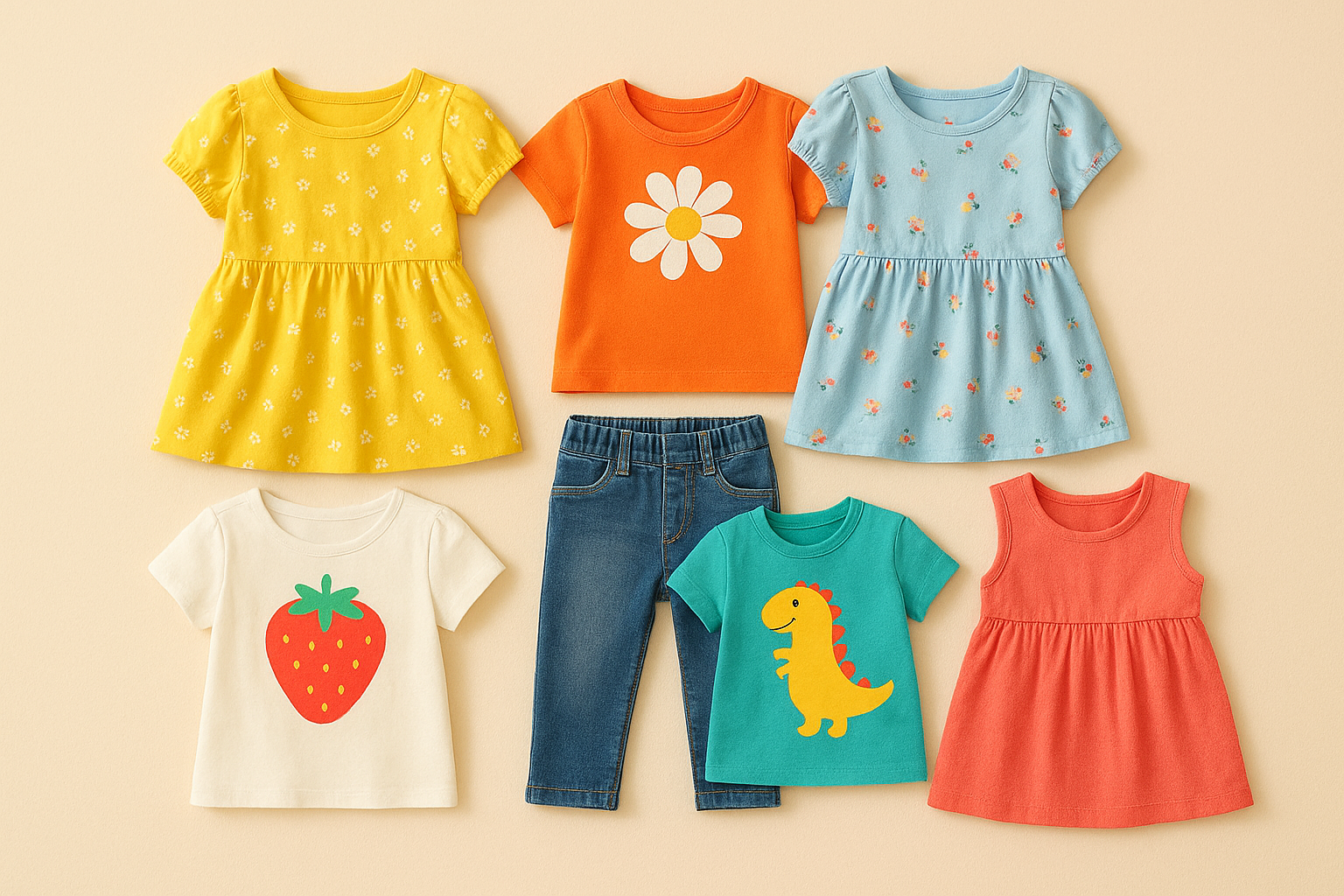 Colorful fashion rental for kids clothing items arranged in a flat lay on a cream surface