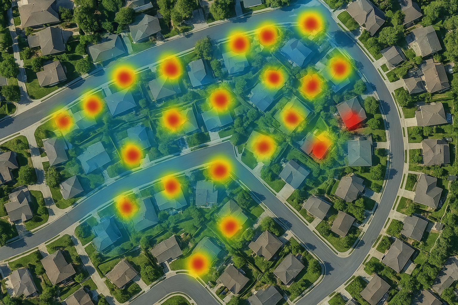 Heat map highlighting hot, warm, and cold seller signals across a neighborhood