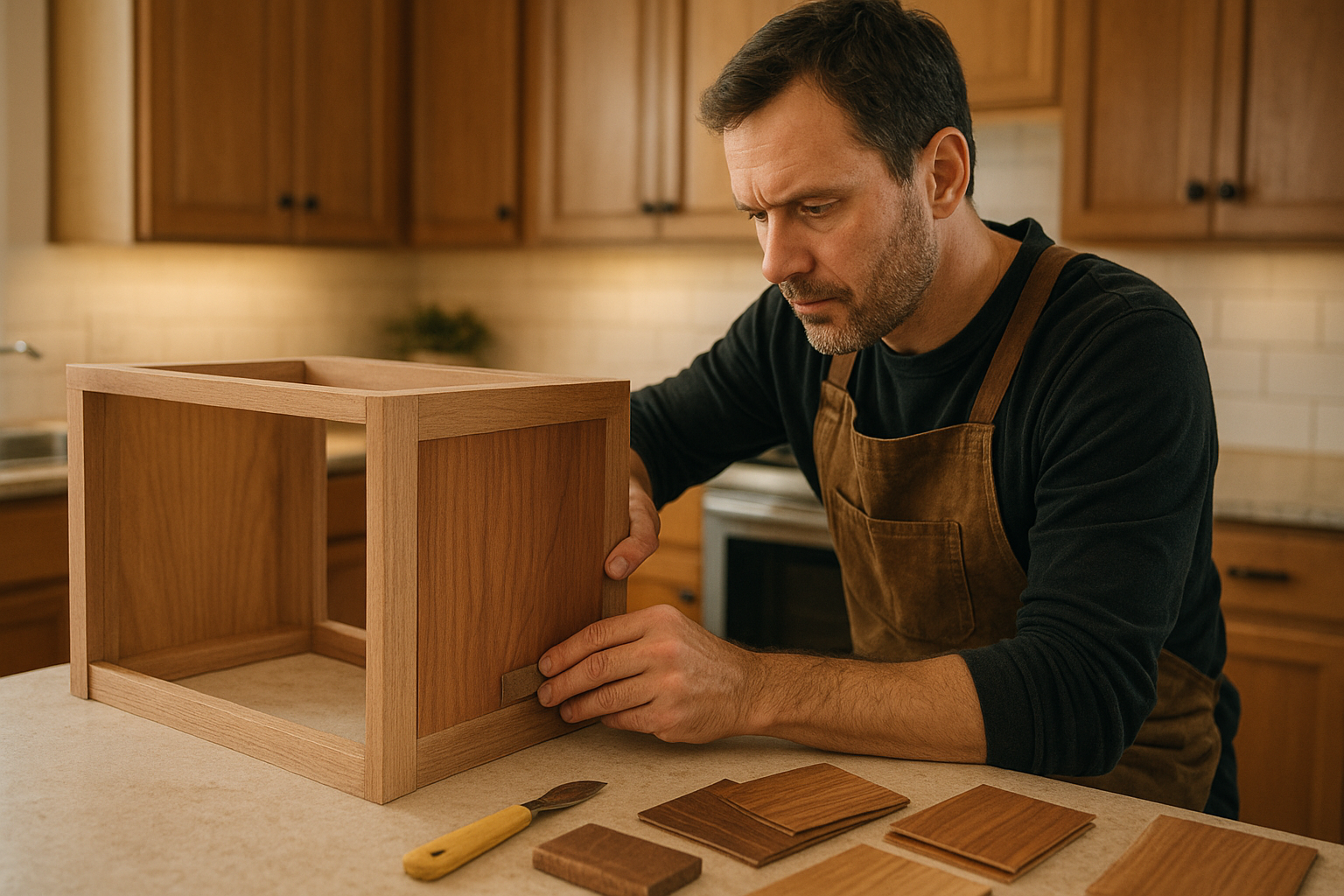 Professional cabinet refacing technician applying veneer to kitchen cabinet boxes in a Cincinnati home