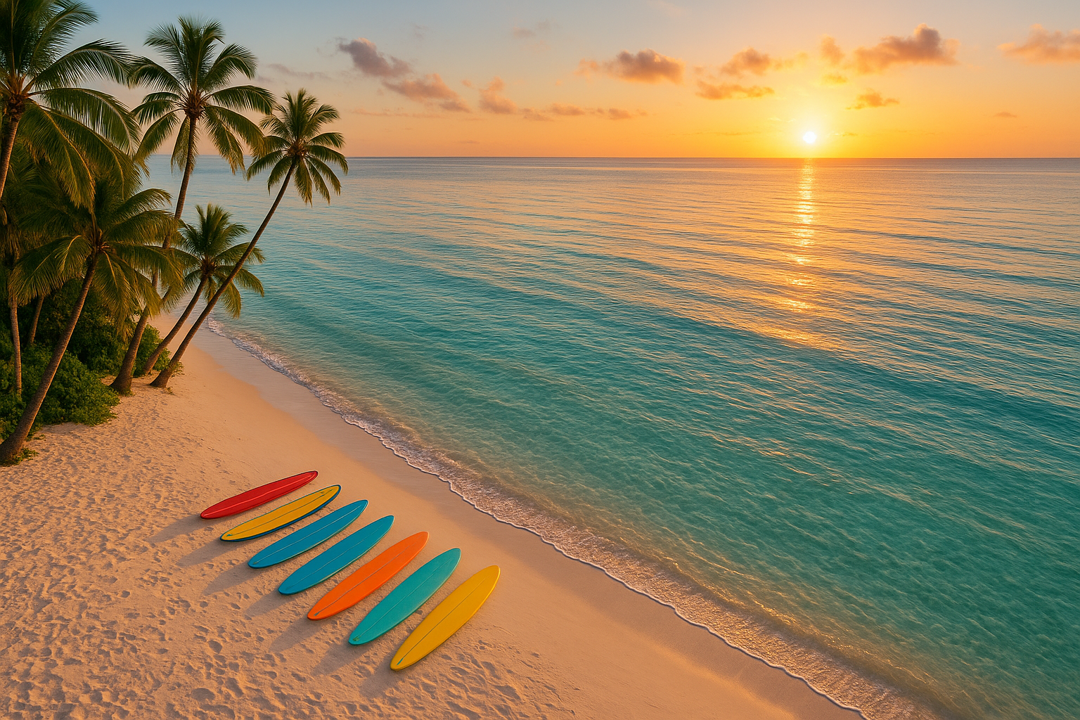 Colorful surfboards lined up on a Hawaiian beach at sunrise ready for morning surf lessons on Oahu