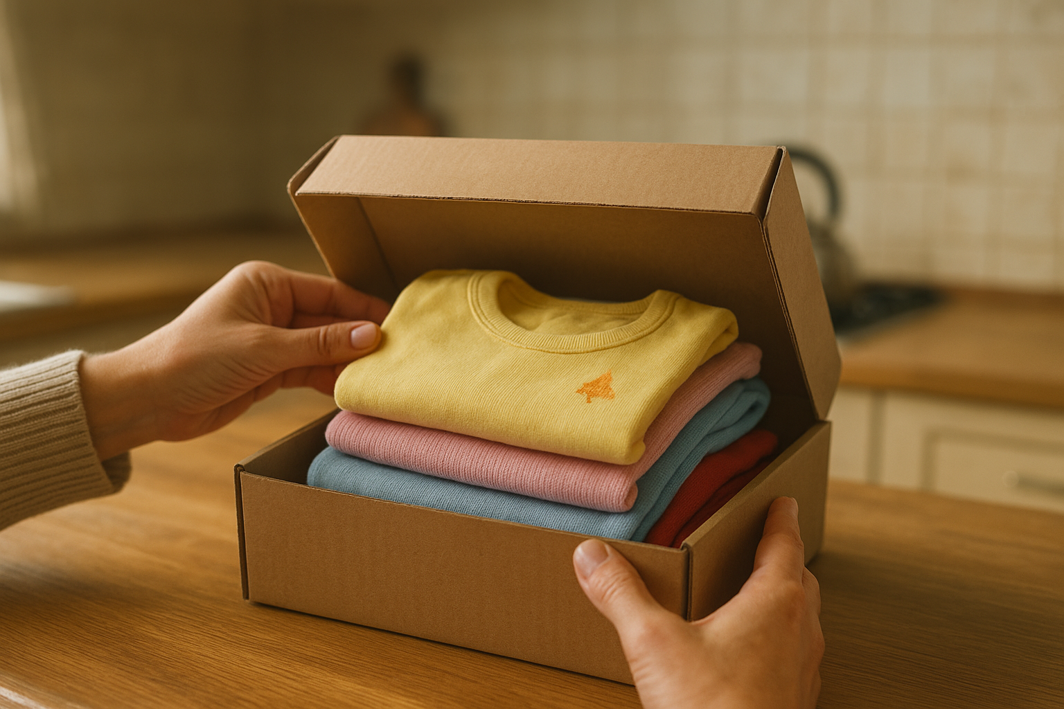 Parent opening a subscription box filled with curated fashionable children's clothing rental items