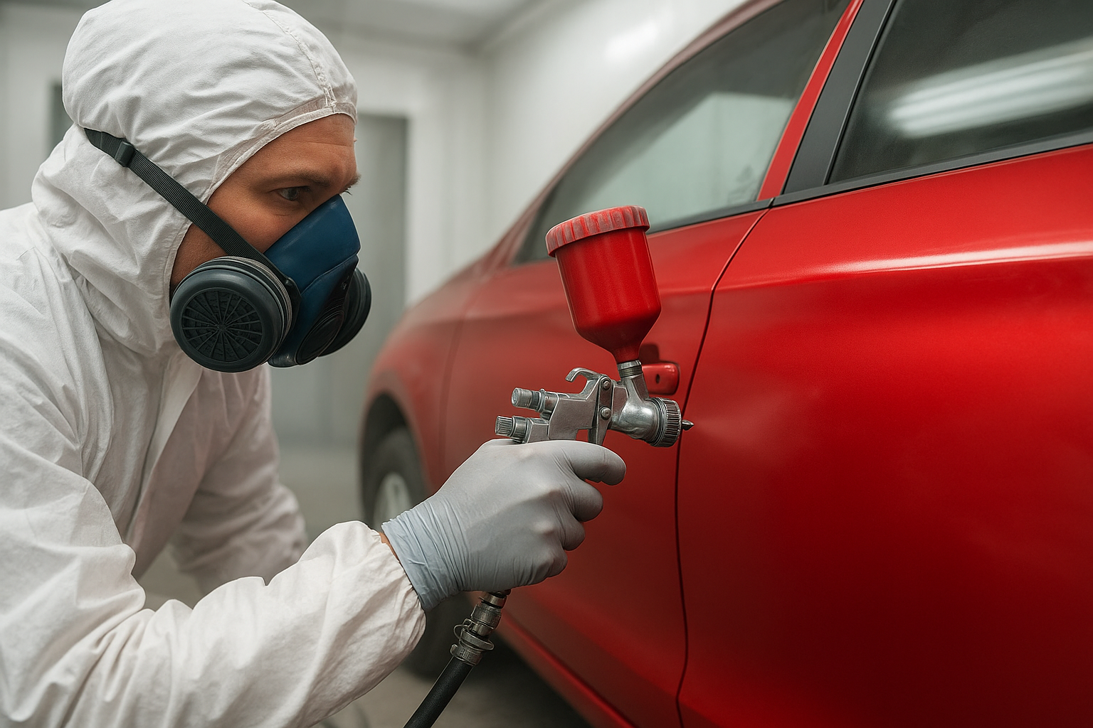 Auto body painter applying color-matched paint to a car door in a California body shop spray booth