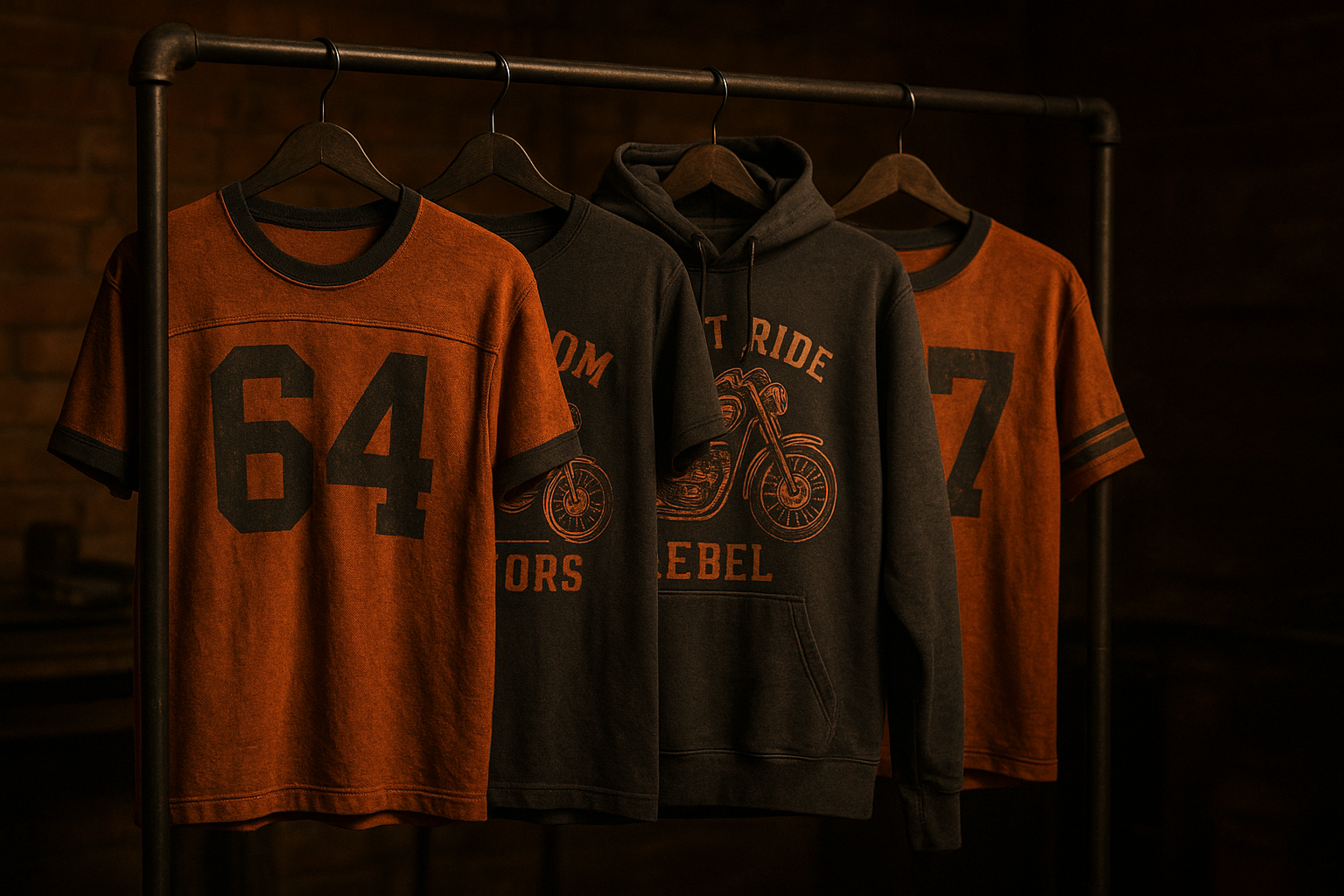 Custom sportswear jerseys with vintage motor-culture graphics hanging in a print shop