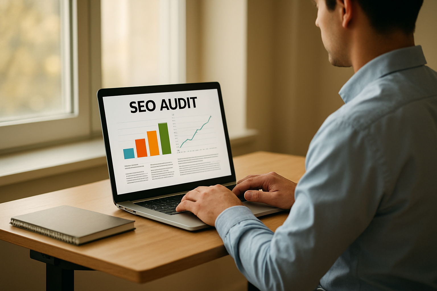 Professional reviewing an SEO audit report to identify improvements needed for a better score