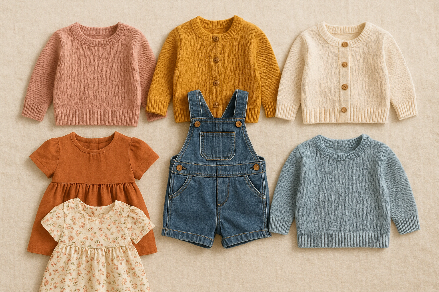 Curated premium children's clothing rental items arranged in a flat-lay on a cream background