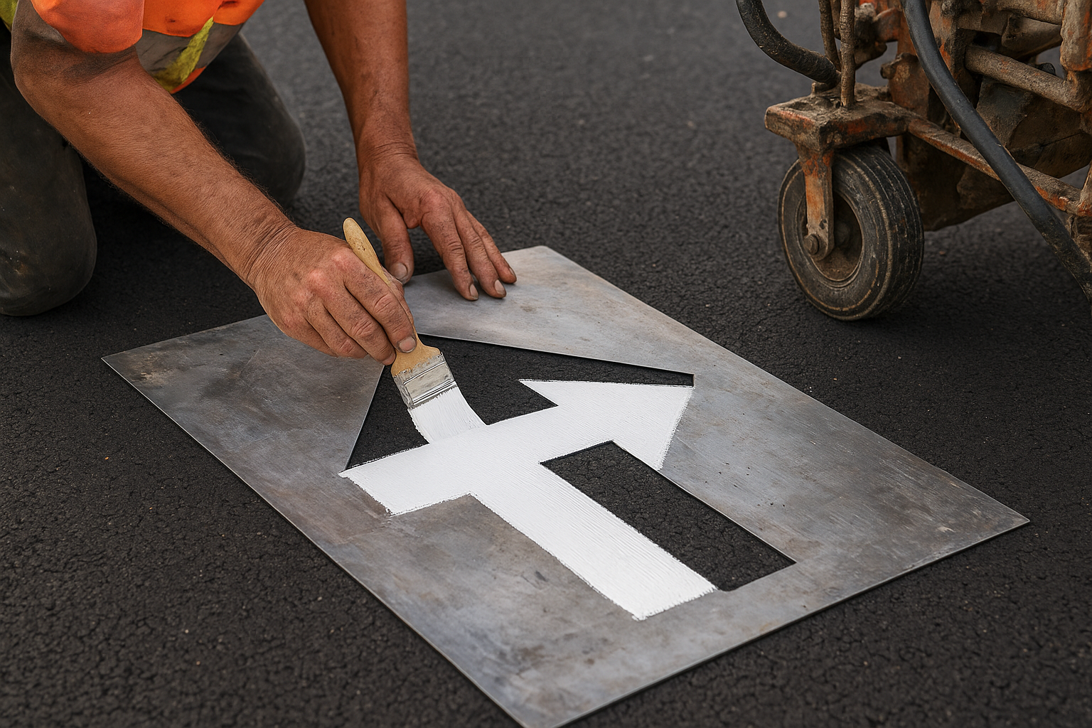 Worker installing a directional arrow stencil on commercial parking lot pavement