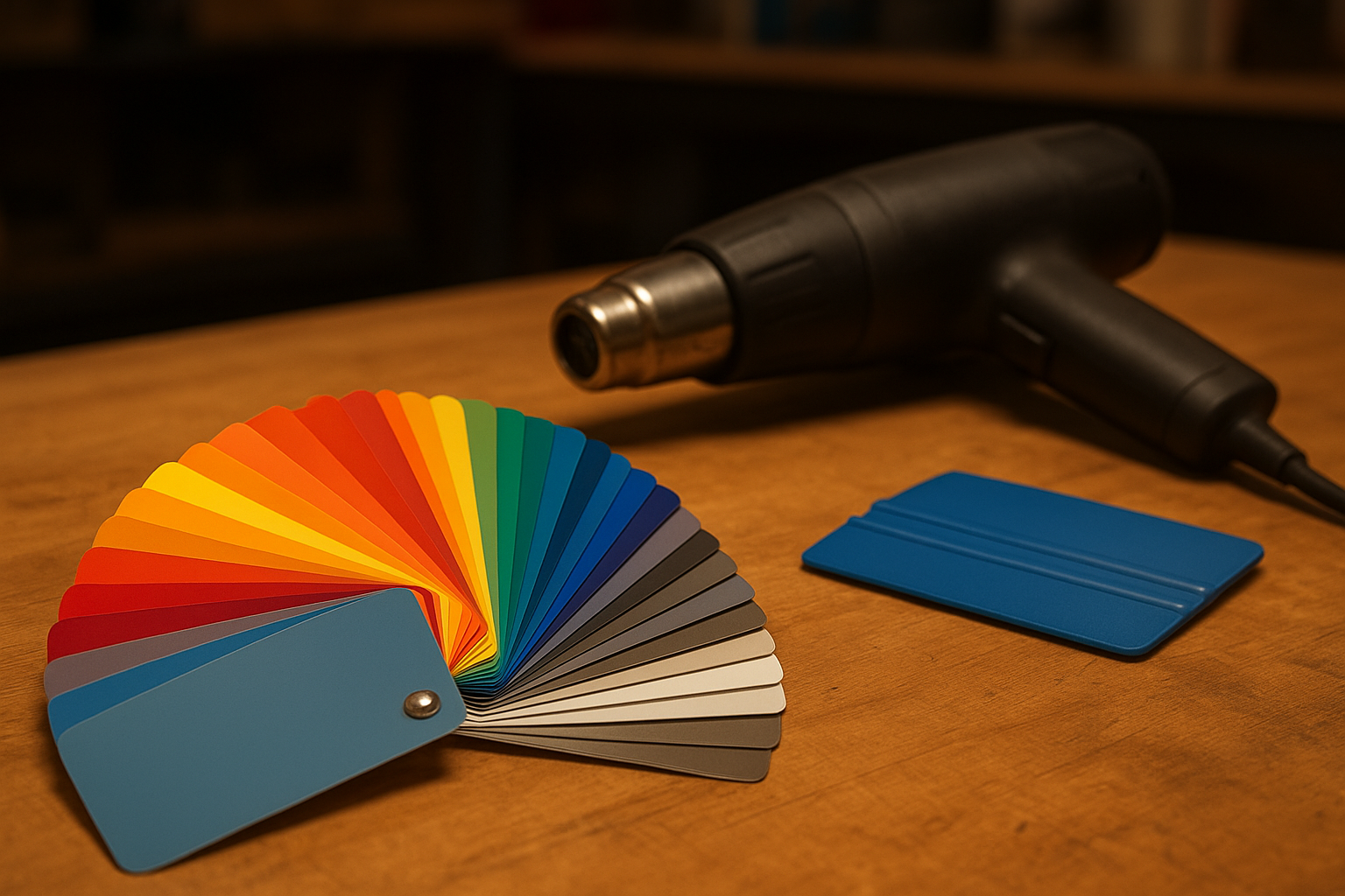 Vinyl wrap color swatches and installation tools used for custom vehicle finishes