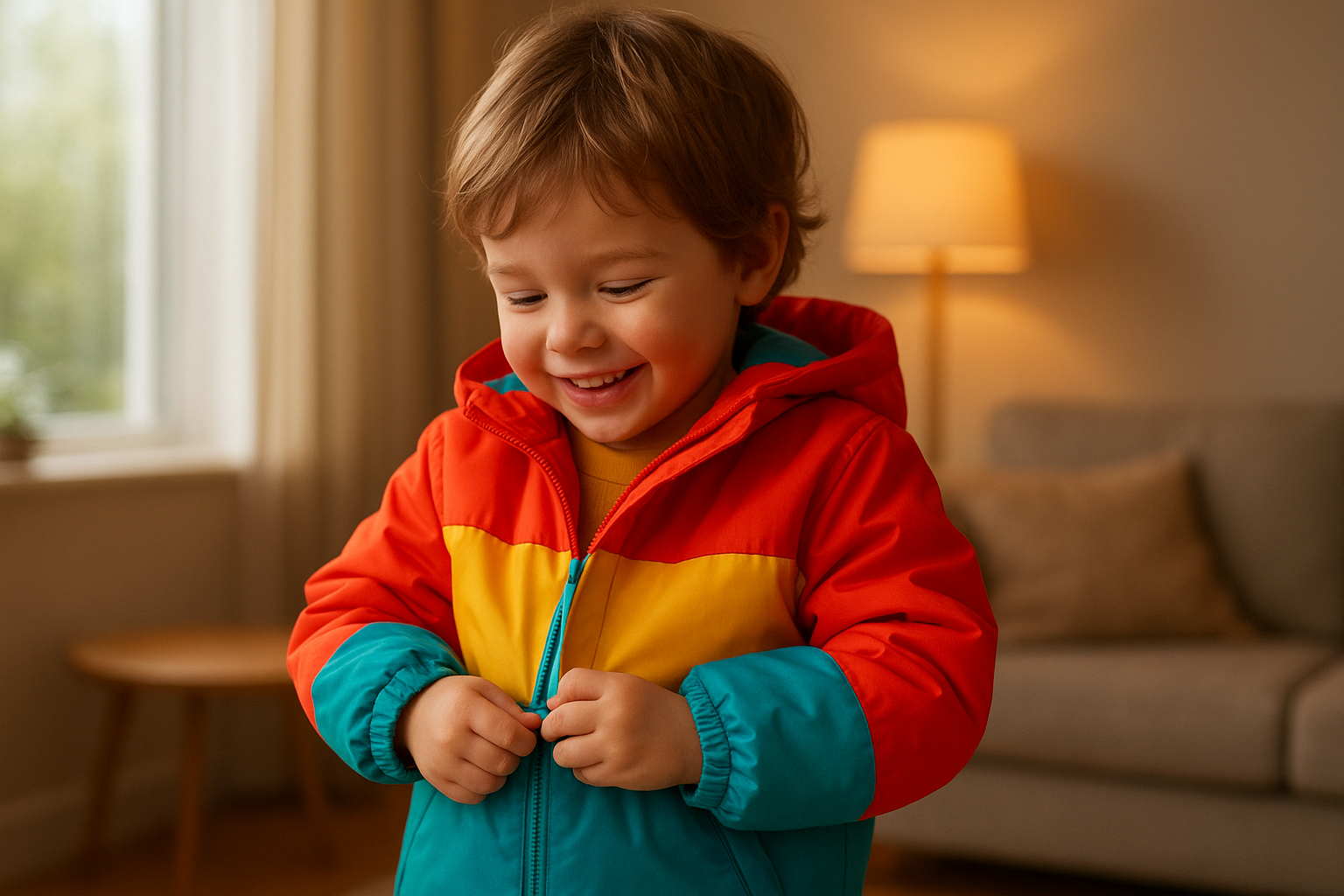 Young child trying on a new jacket received from a kids clothing subscription service
