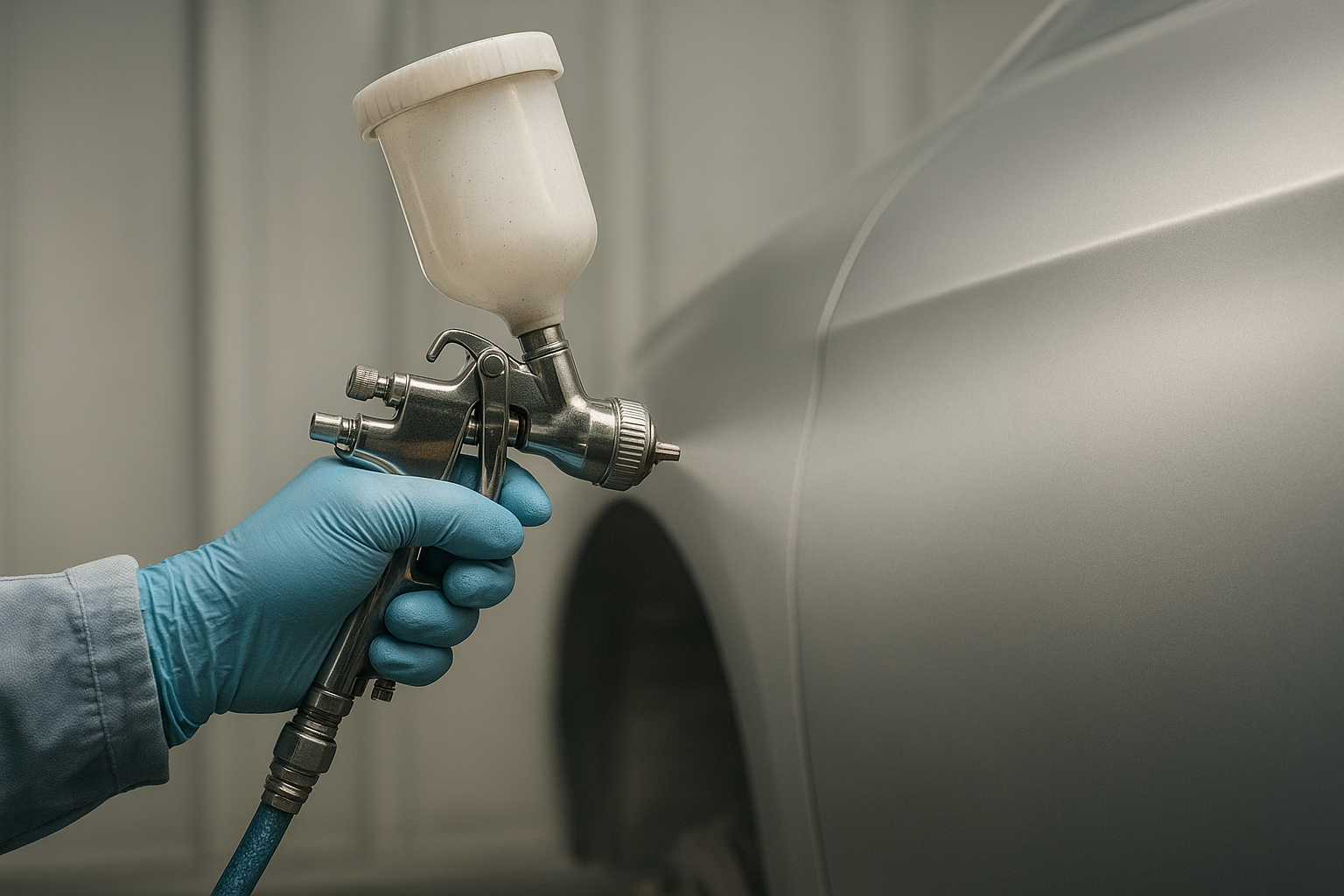 Technician applying matched paint to a repaired car panel in a body shop