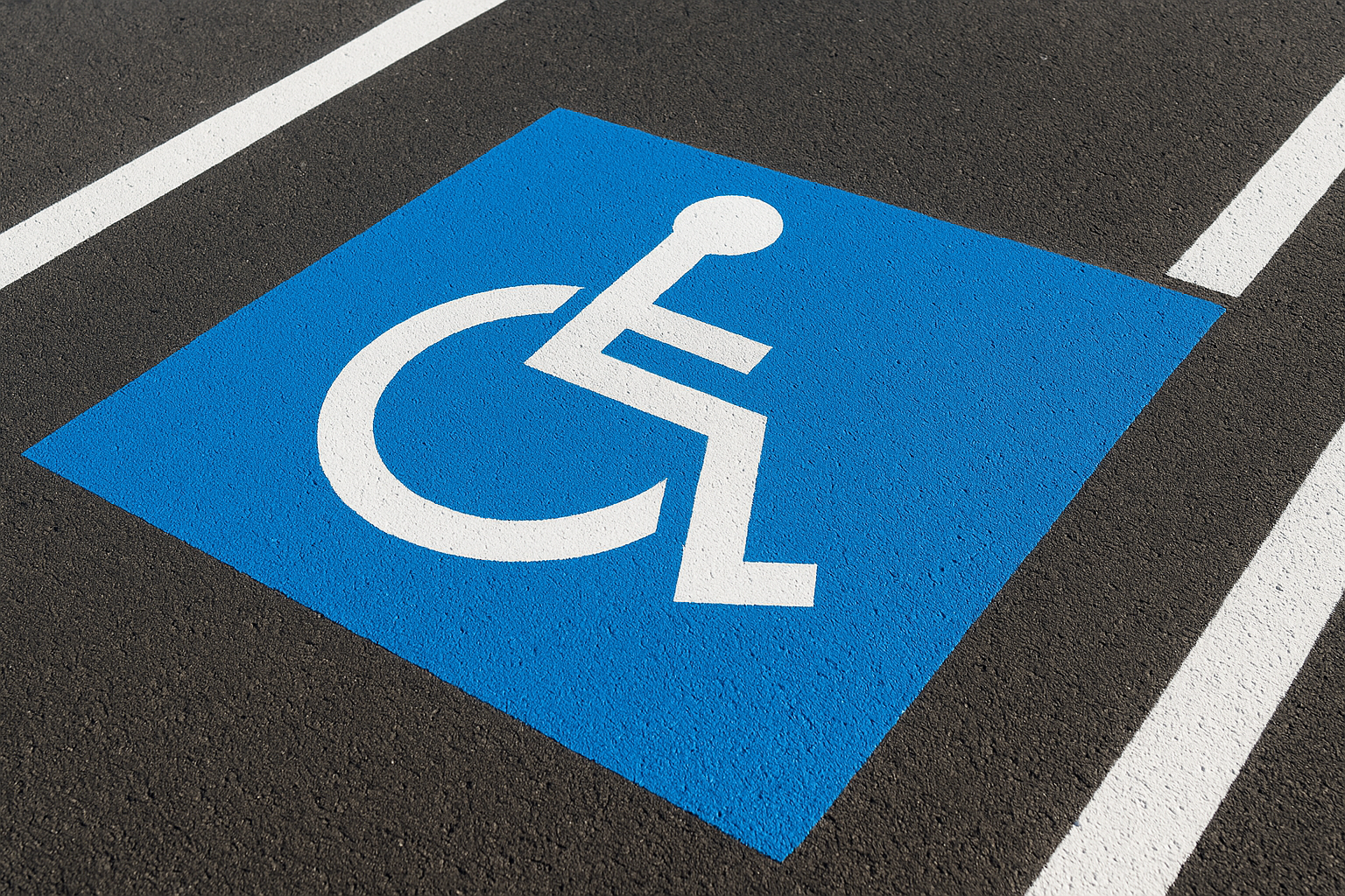 Freshly painted ADA handicap symbol on asphalt as part of a professional parking lot striping project