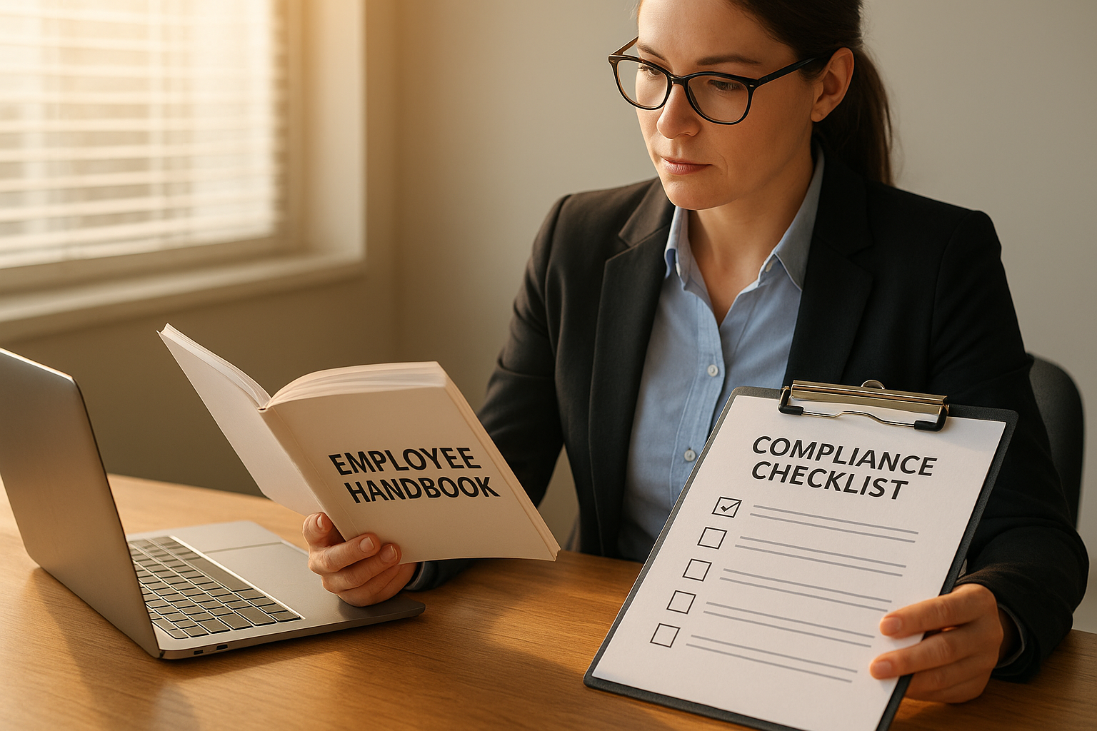 HR consultant reviewing an employee handbook and compliance checklist at a desk
