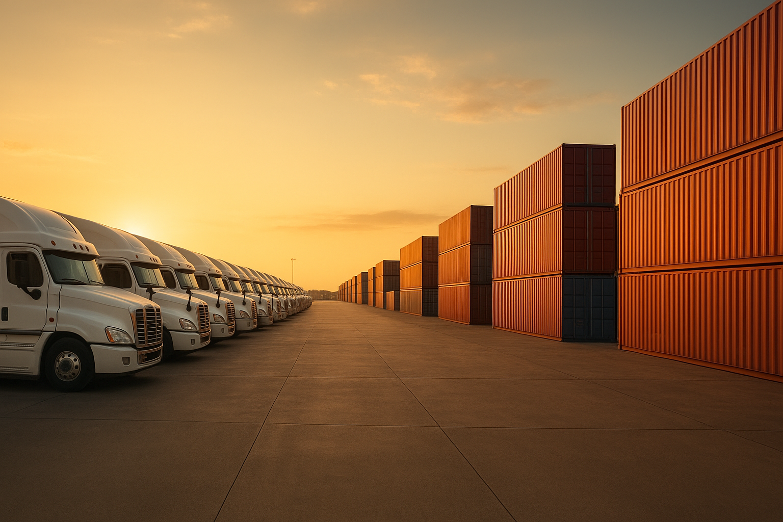 Fleet of trucks at a logistics yard representing how shipping companies move freight across the country