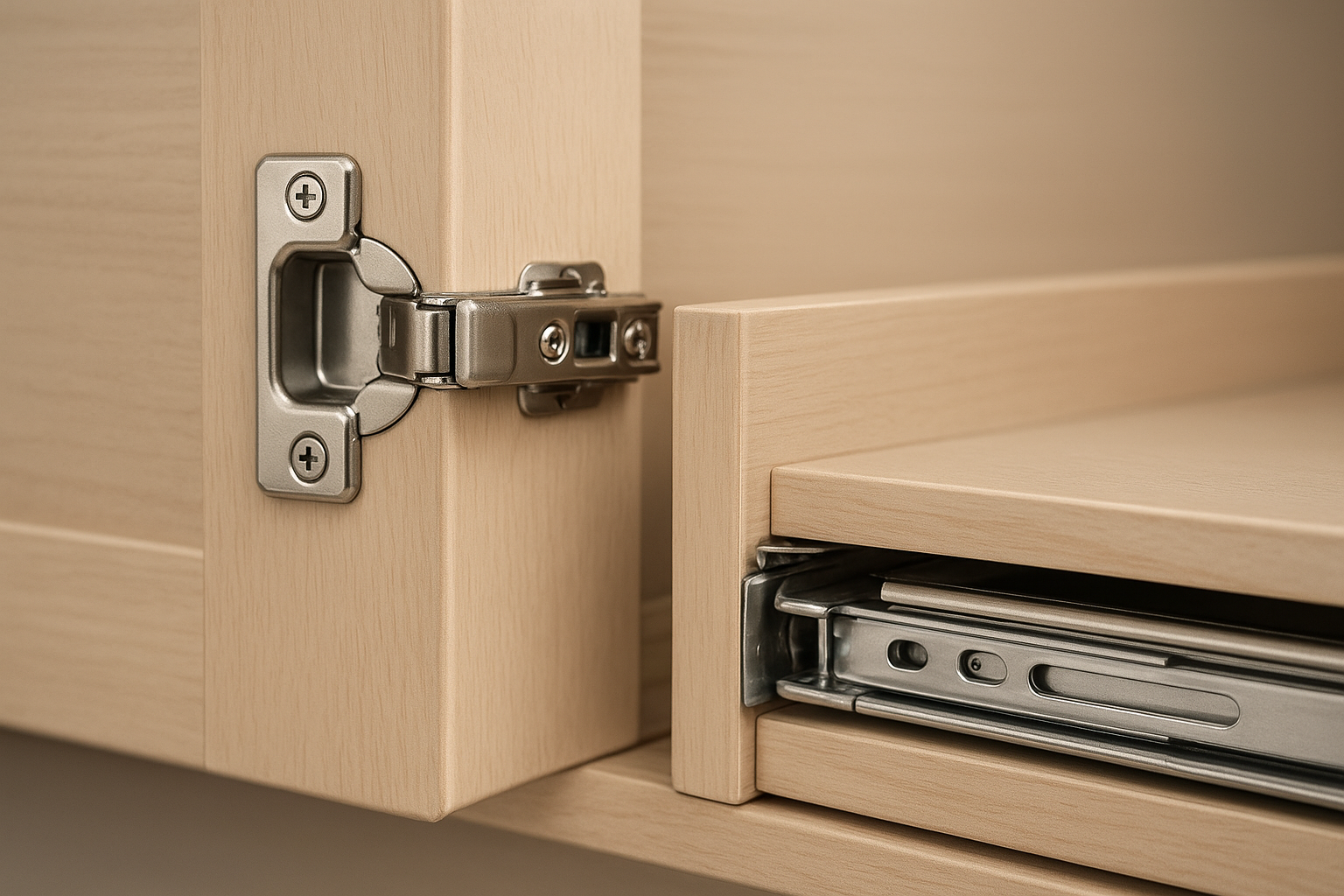 Close-up of soft-close hinge hardware used in premium cabinet refacing projects