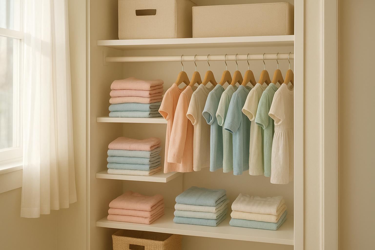 Organized cupboard of rotating children's outfits for a kids clothing cupboard subscription