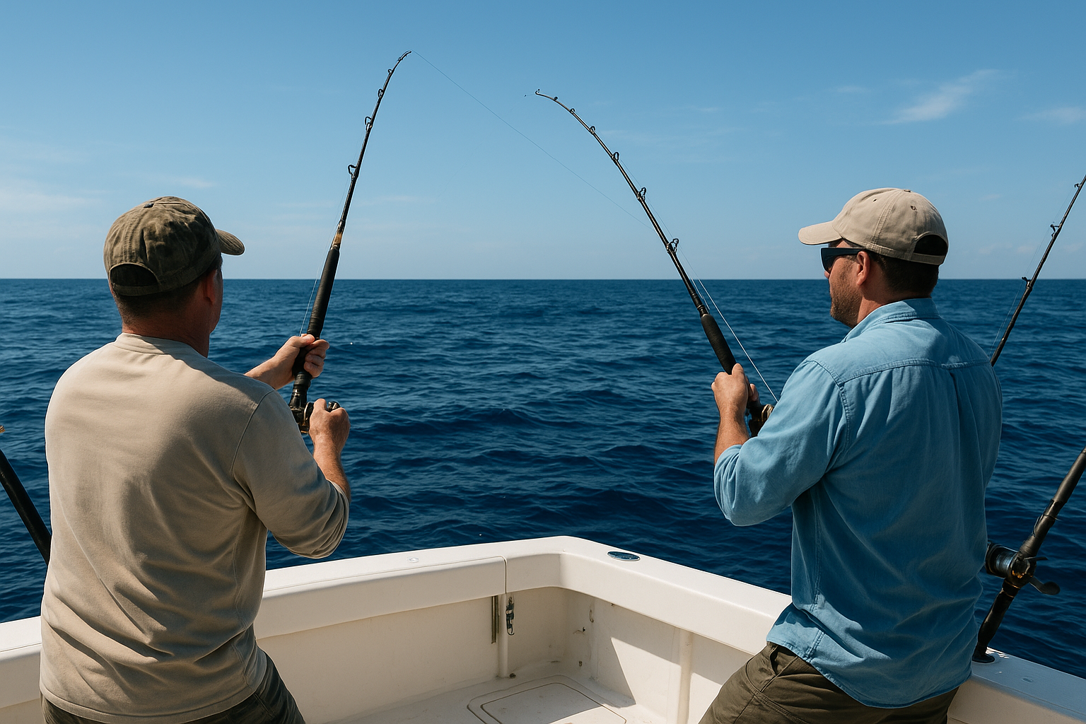 Anglers trolling rods offshore during a deep sea fishing trip near Myrtle Beach South Carolina