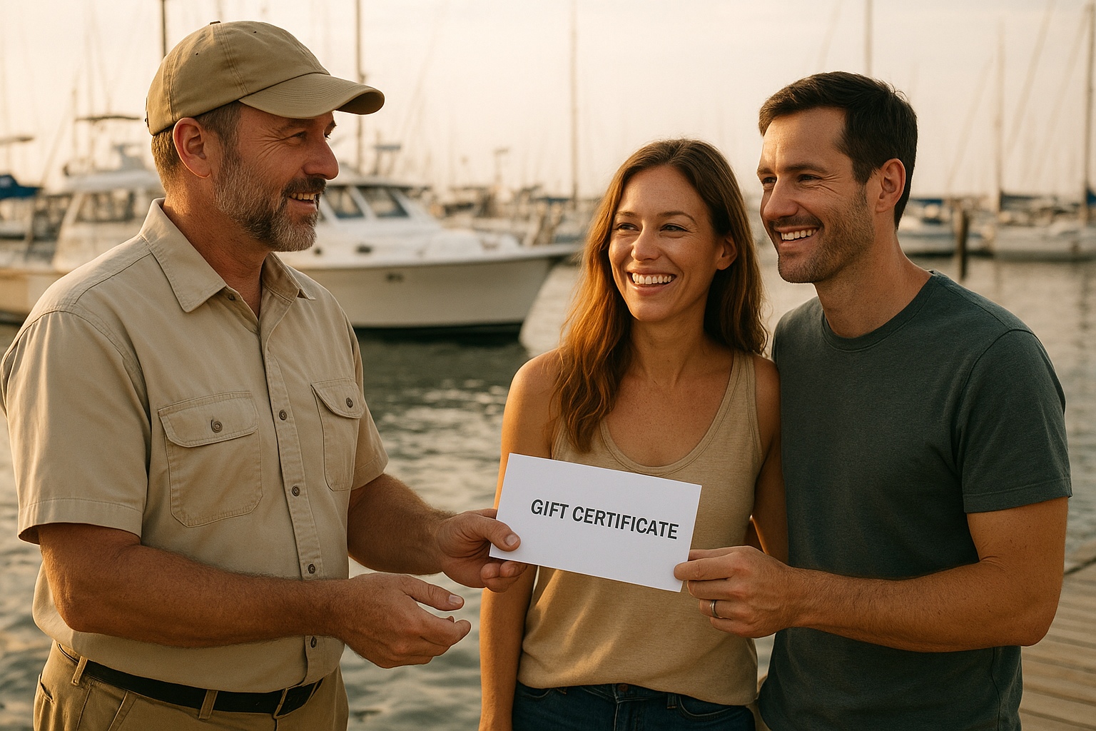 Captain presenting a gift certificate envelope to guests on a Myrtle Beach marina dock