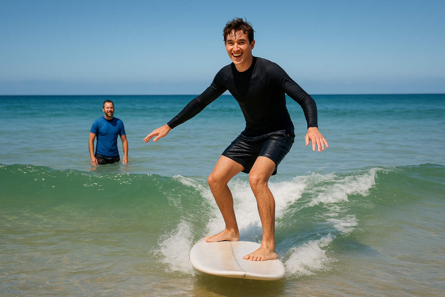 Student riding a wave successfully during a personalized surf lesson near the shoreline