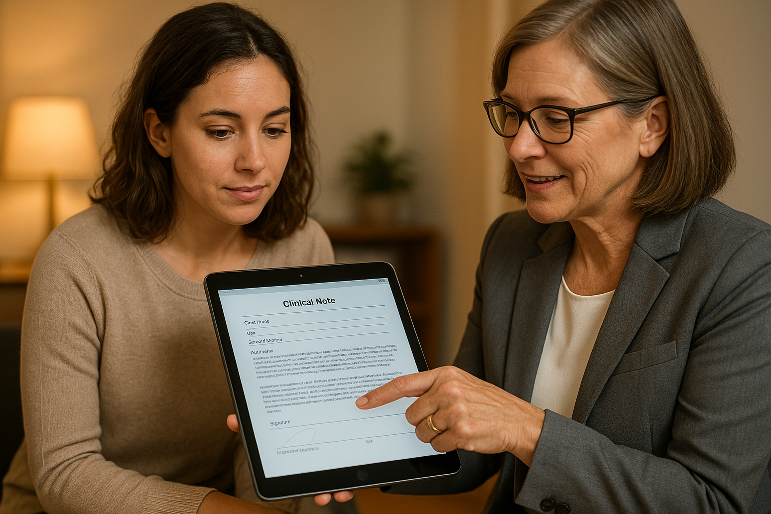 Prelicensed clinician and supervisor reviewing a co-signature workflow on a tablet