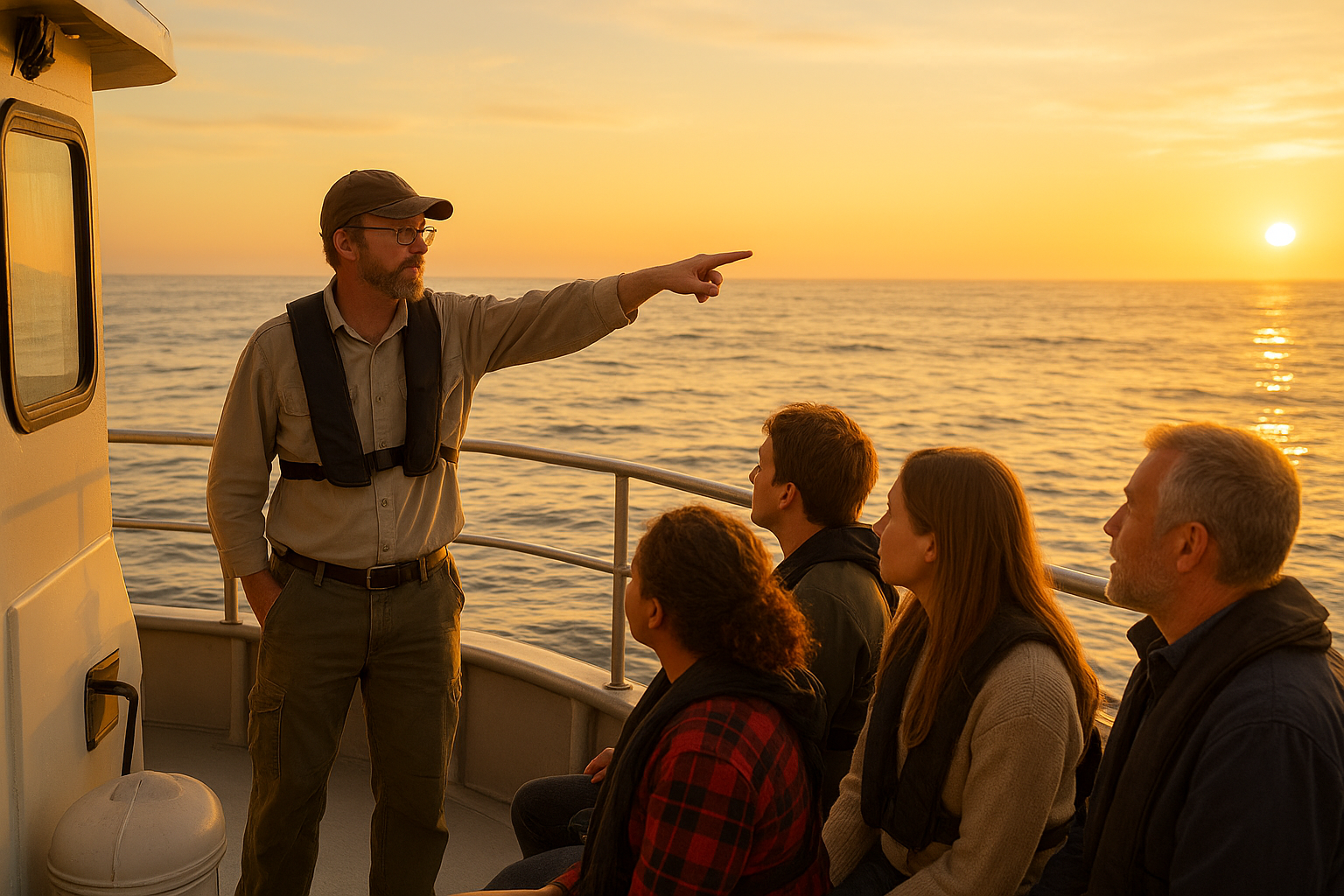 Naturalist guiding guests during a San Diego blue whale watching tour at sunset