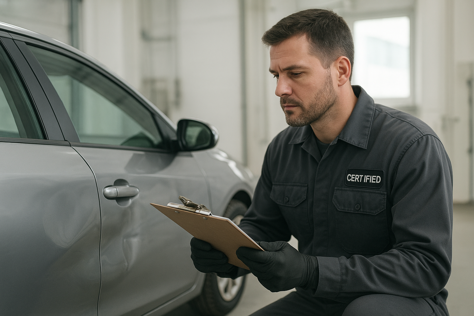 Technician inspecting collision damage during an insurance claim collision repair Brea appointment