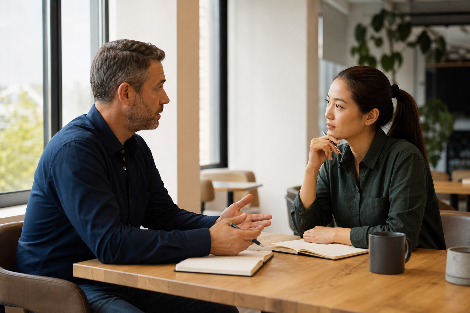 Manager and employee having a one-on-one feedback conversation in a bright office space