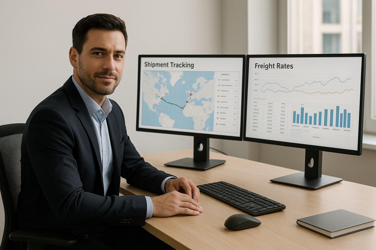 Freight broker reviewing LTL shipment tracking and rates on dual monitors in a logistics office