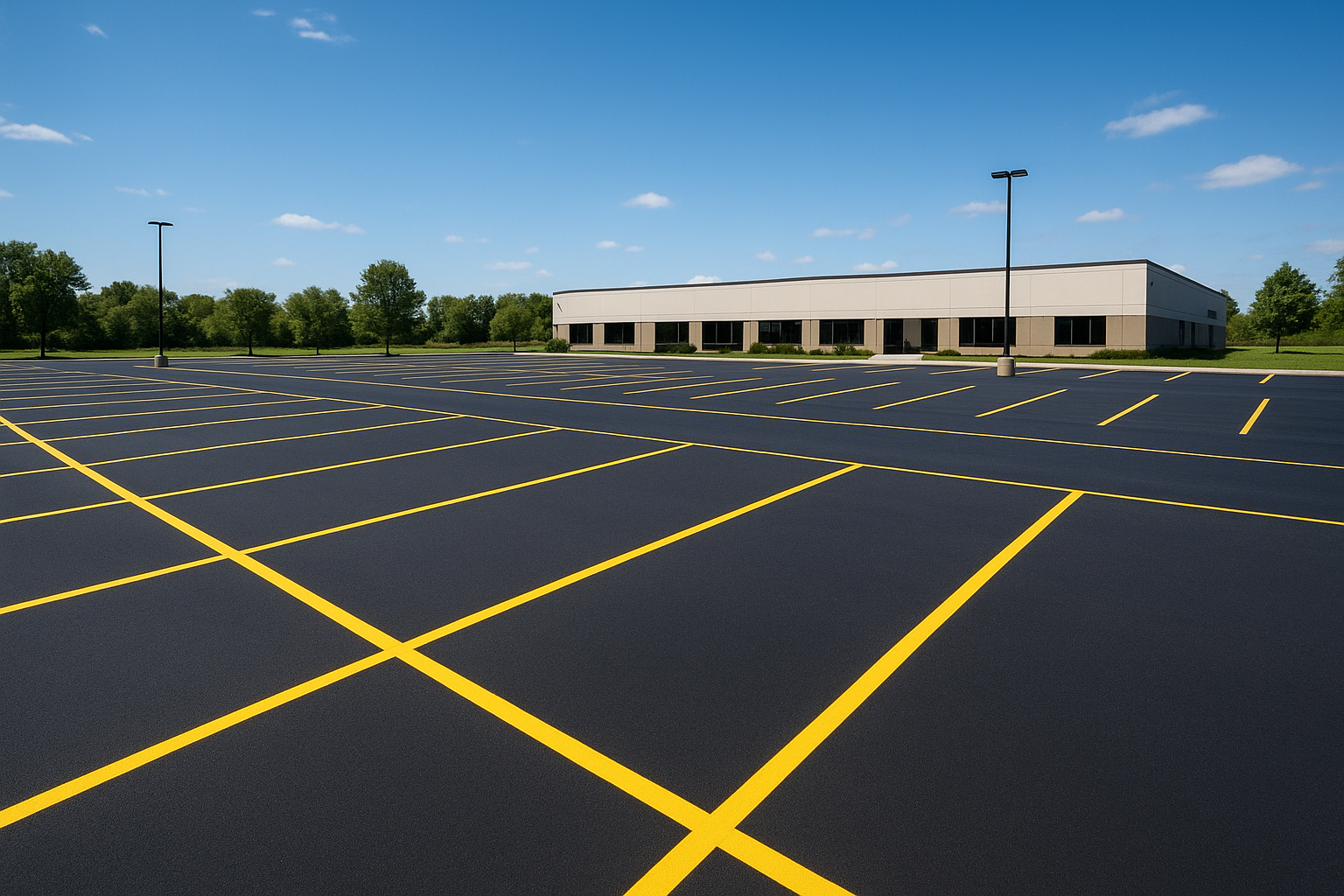 Freshly painted durable pavement stripes on a commercial asphalt parking lot