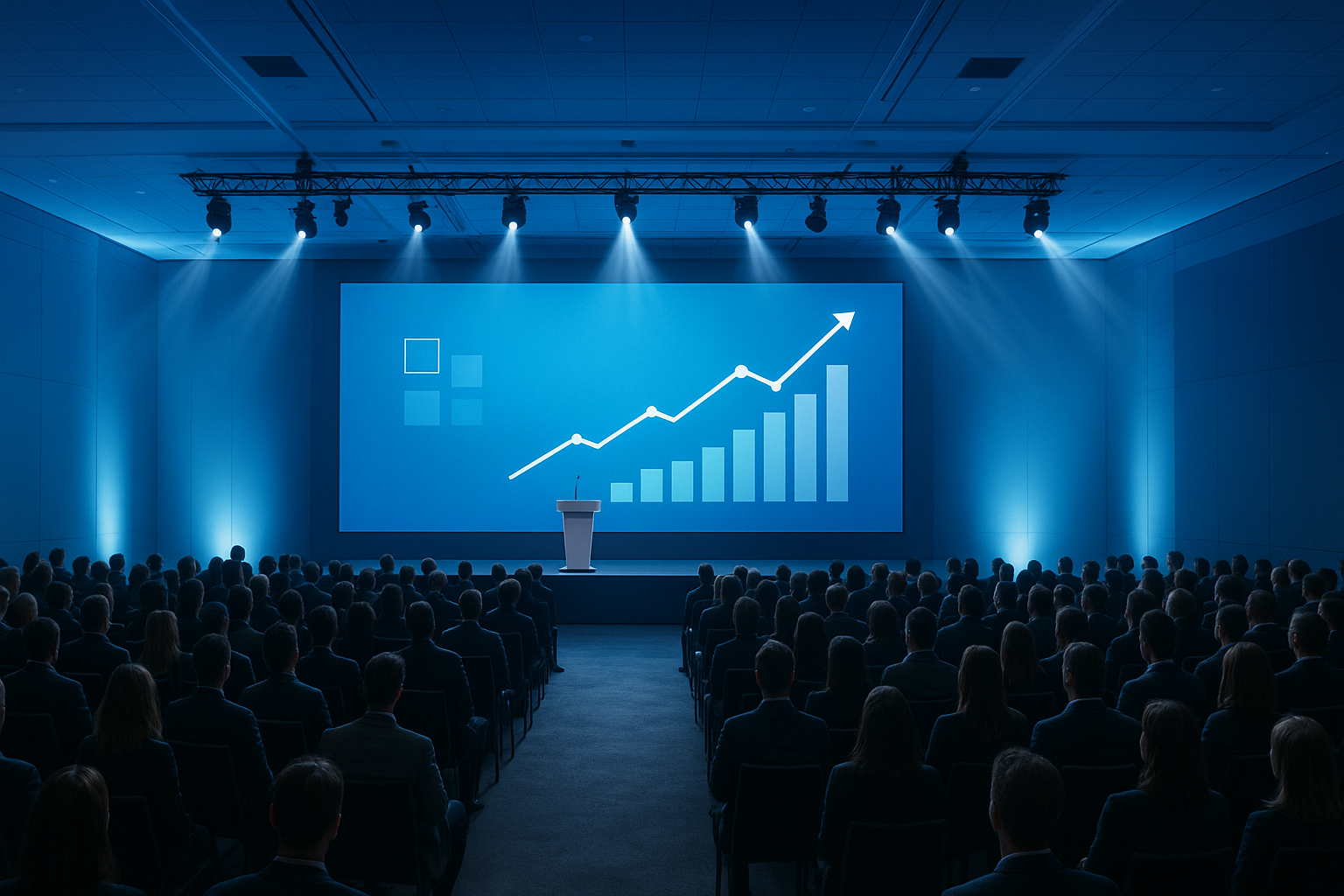 Professional corporate event audio visual setup with LED video wall and stage lighting at a large conference