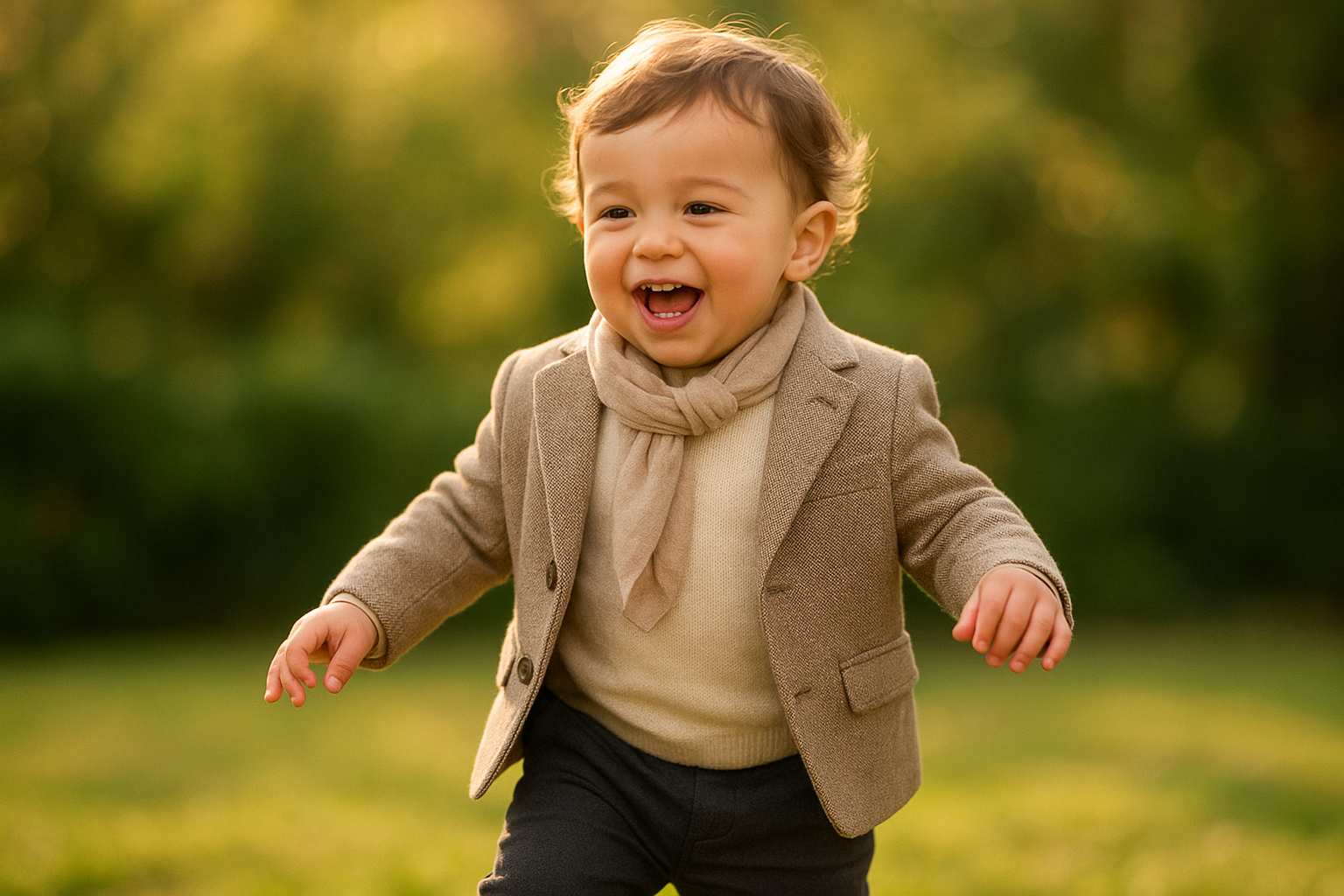 Happy toddler wearing premium children's rental apparel playing in a sunny garden
