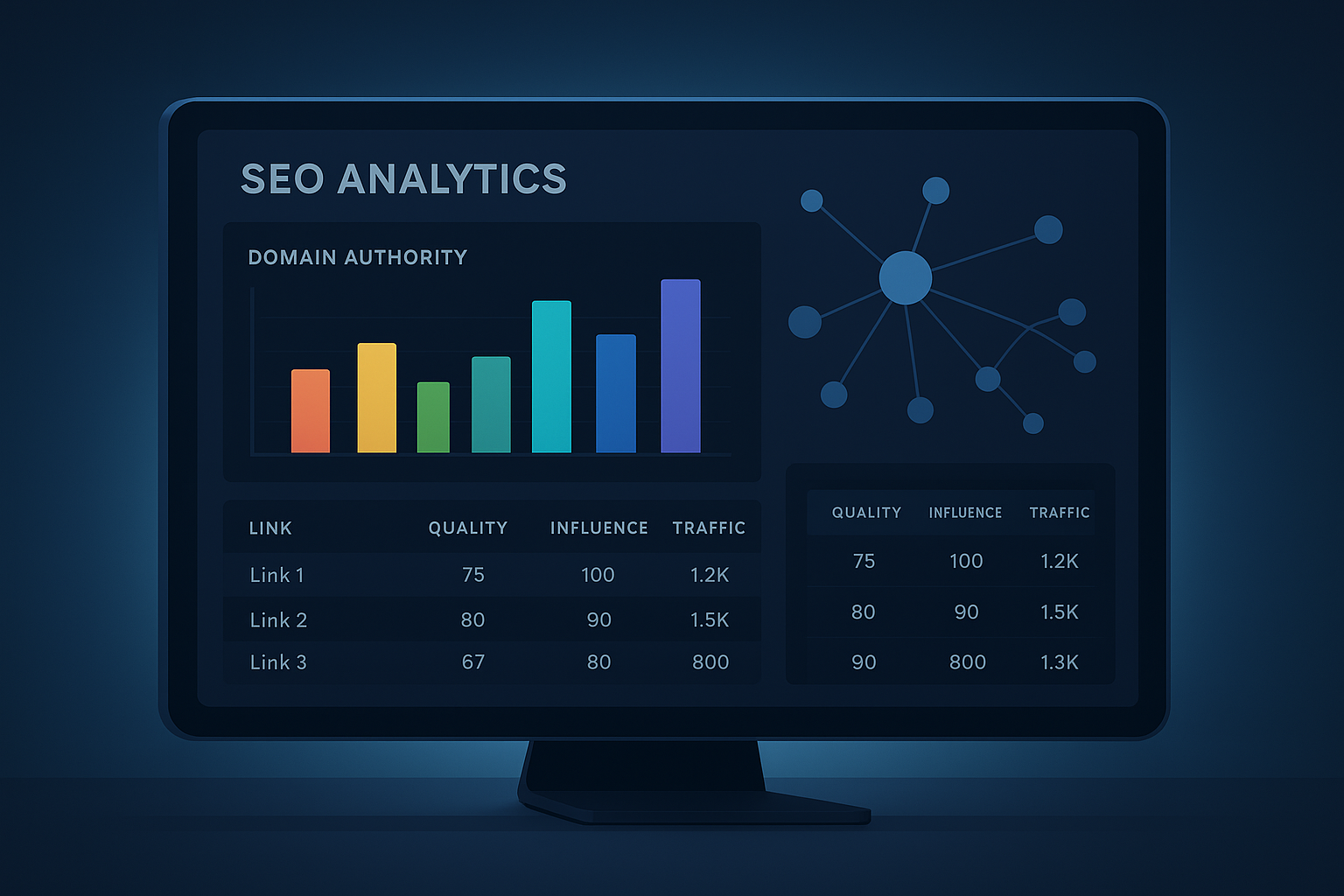 Analysis backlink checker dashboard showing domain authority scores and link network graph