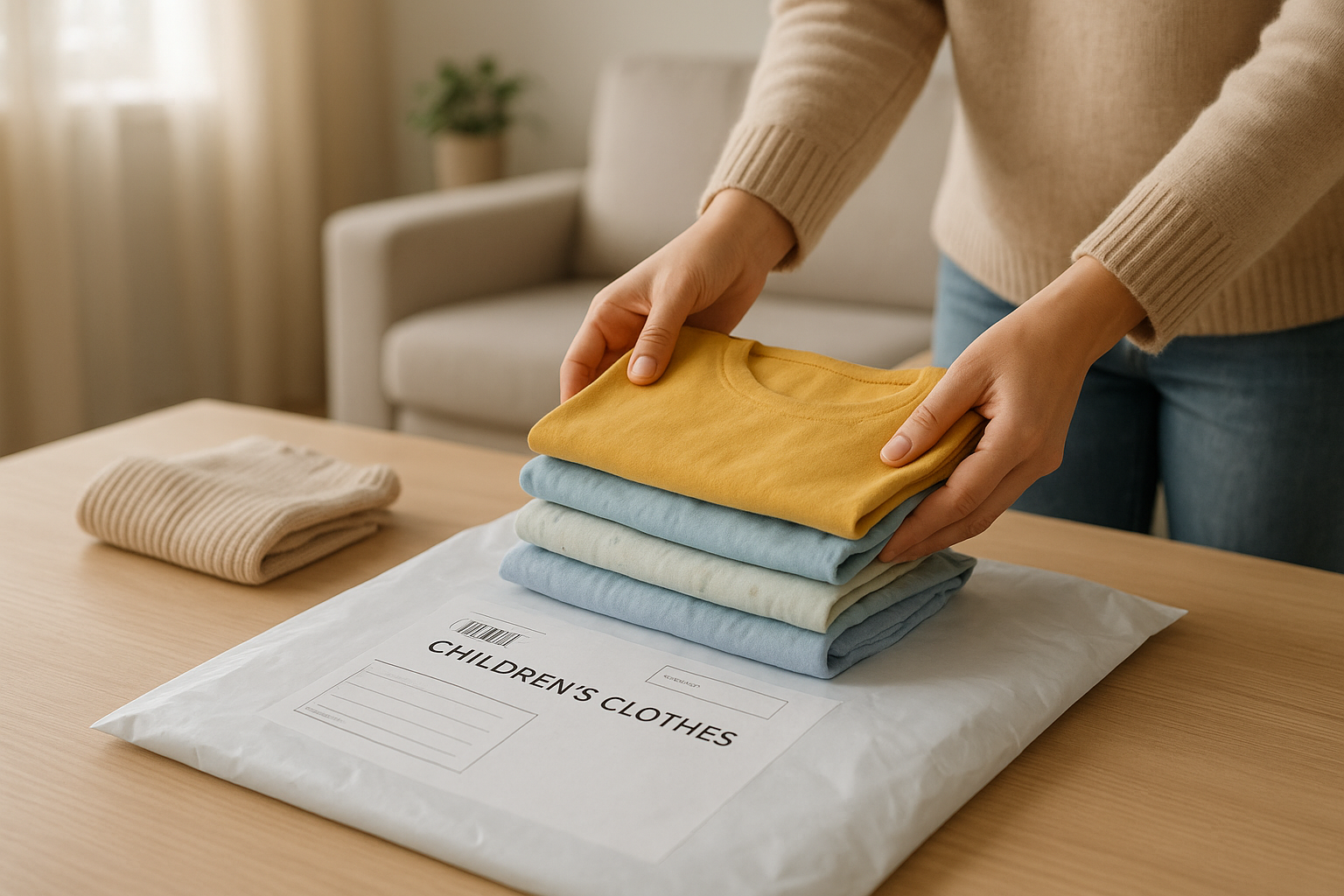 Parent preparing a two-way shipping return bag for a children's clothing subscription